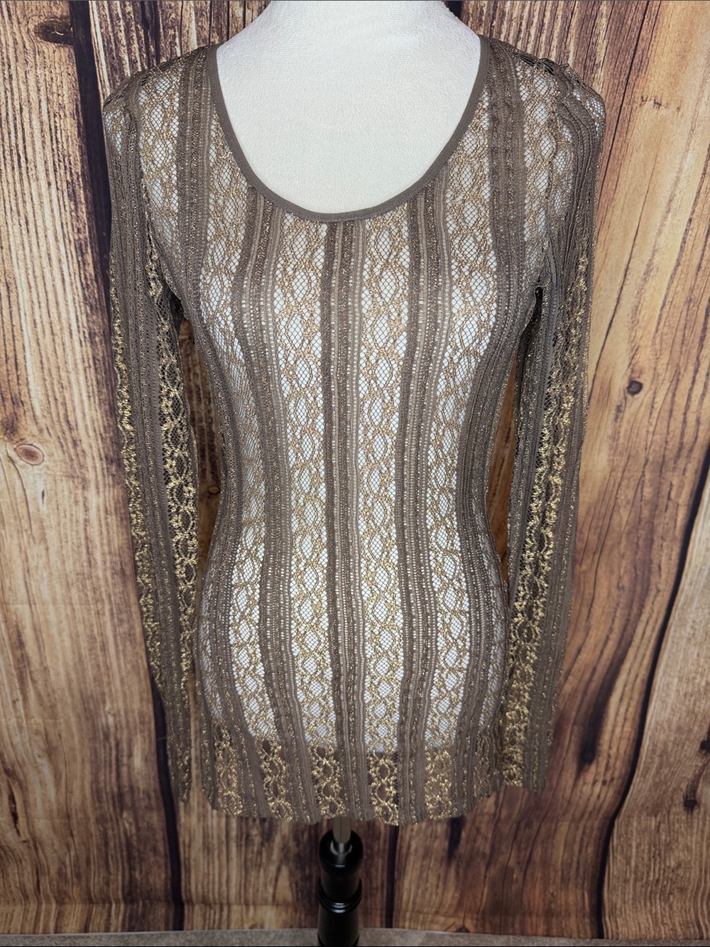 BKE Taupe/Brown Sheer Lace Long-Sleeve Top